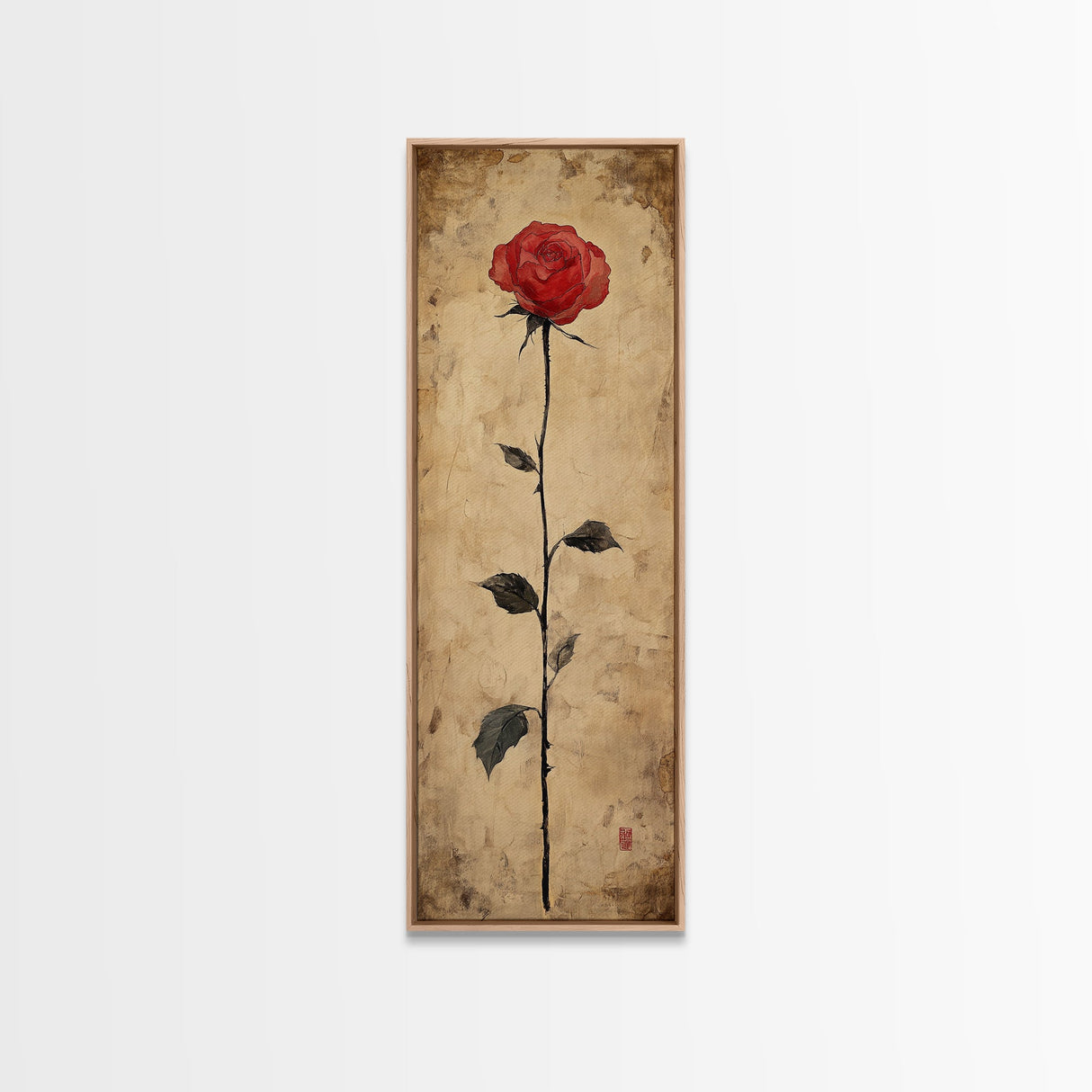 Framed Canvas Print of Elegant Red Rose, Botanical Art, Rustic Wall Art, Gift Idea, Minimalist Nature Art, Above Bed Wall Art