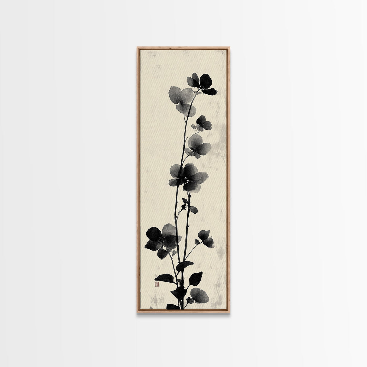 Framed Canvas Print Cherry Blossom Painting Black and White Floral Art, Wabi Sabi Decor, Japanese-Inspired Wall Art, Skinny Canvas Gift