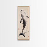 Minimalist Whale Ink Art Depicting Graceful Humpback Whale – Elegant Black and White Framed Canvas Print for Nautical or Coastal Decor