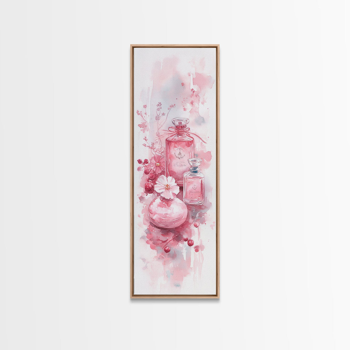 Elegant Perfume Bottles Framed Canvas Print Pink Abstract Art Wabi Sabi Decor Light Pink Bedroom Artwork Feminine Minimalist Wall Art