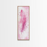 Pink Feather Artwork Framed Canvas Print, Vertical Whimsical Art Light Pink Decor, Boho Minimalist Gift Bedroom and Dorm Wall Art