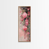 Lantern Glow Canvas Print, whimsical Moroccan wall art with light pink tones and floral accents, tall skinny vertical wall art piece.