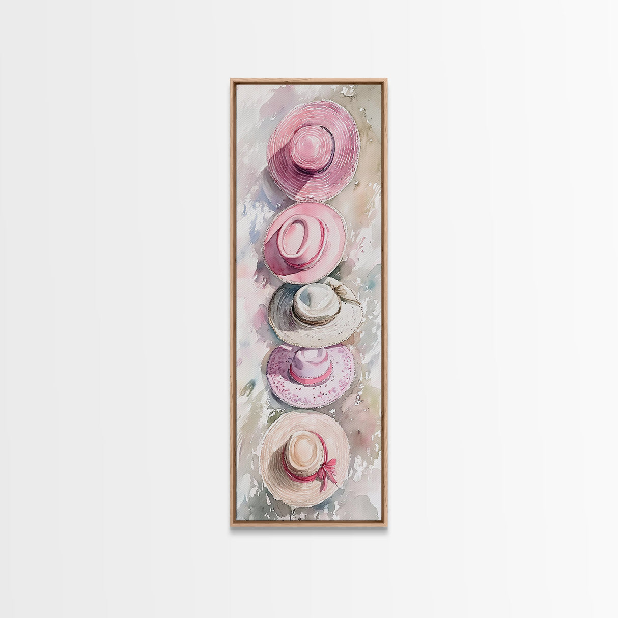 Summer Hats Canvas Print, coastal cowgirl wall art with pastel pink and beige hat patterns, rustic vertical wall art for living spaces.