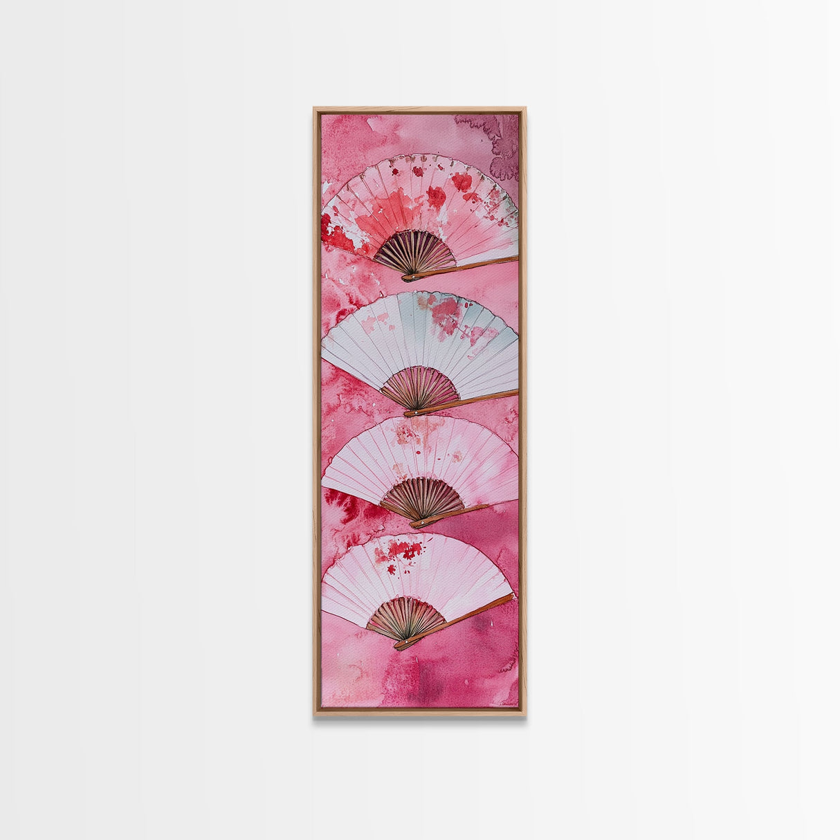 Elegant Fans Canvas Print - Chinoiserie Style Long Narrow Wall Art, Vintage-Inspired Pink Artwork, Skinny Vertical Painting