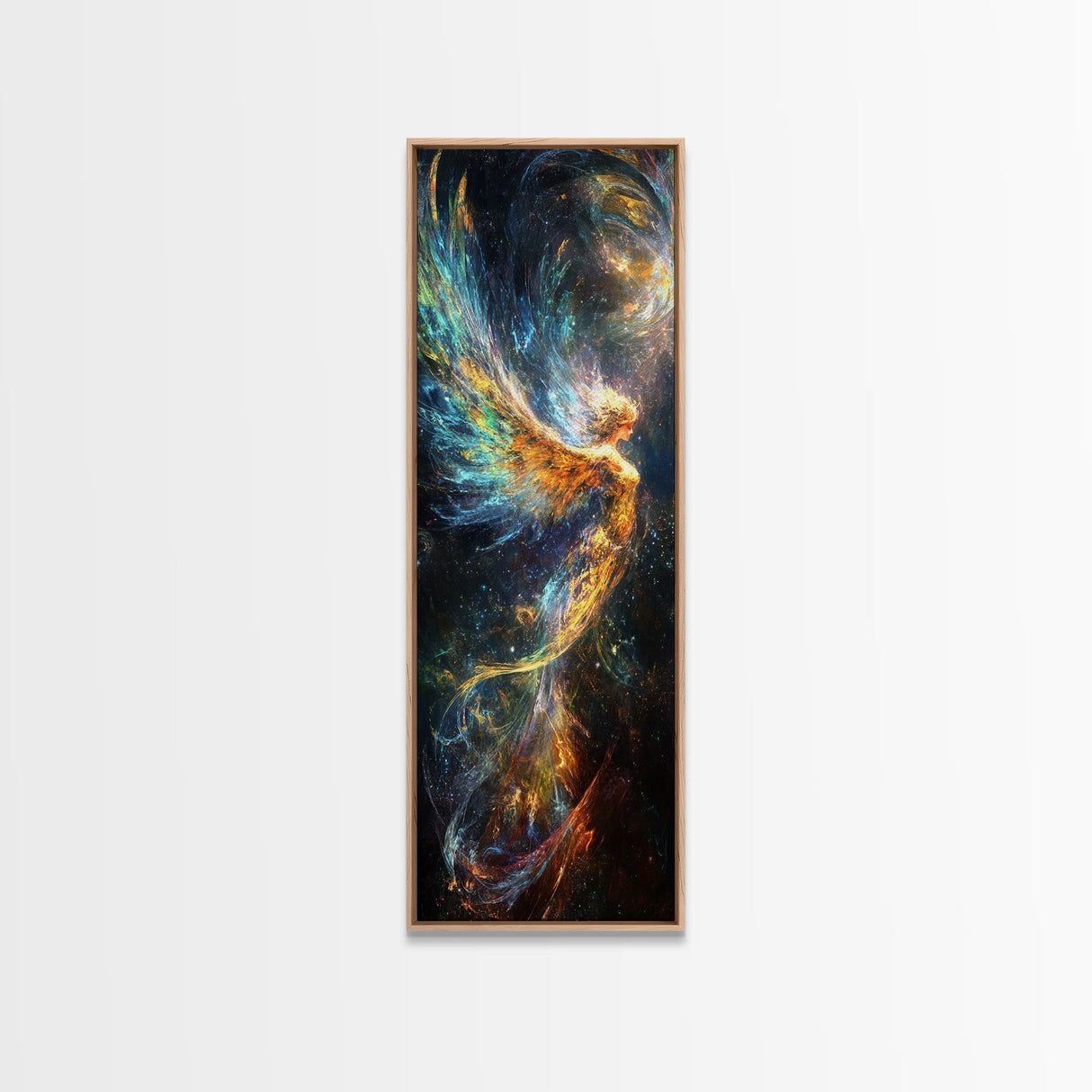 Ethereal Golden Angel Framed Canvas Print with Starlit Background, Angel Art Prints, Boho Art, Bedroom Art, Living Room Art, Vertical Wall Art