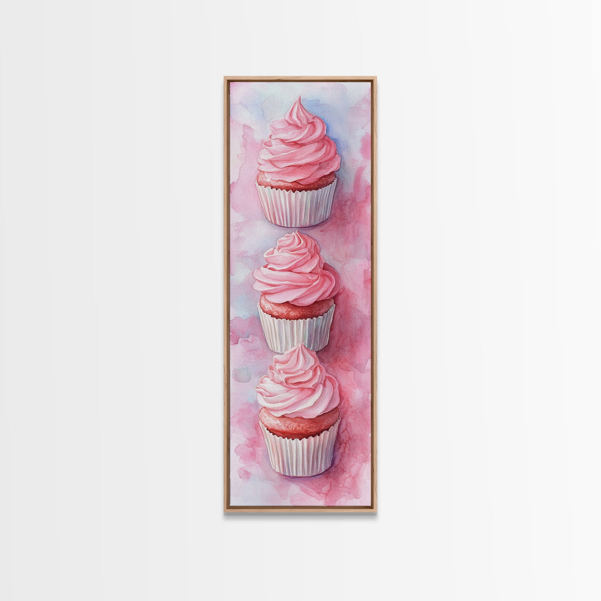 Pink Cupcake Trio Canvas Print, Whimsical Kitchen Art, Rustic Light Pink Wall Art, Food Review Vertical Artwork, Gift Idea For Her