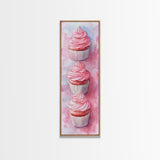 Pink Cupcake Trio Canvas Print, Whimsical Kitchen Art, Rustic Light Pink Wall Art, Food Review Vertical Artwork, Gift Idea For Her