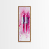 Pink Lipstick Duo Canvas Print, Whimsical Minimalist Vertical Wall Art, Light Pink Cosmetic Art, Gift Idea, Bedroom Skinny Artwork