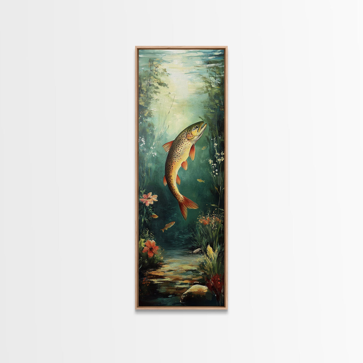 Underwater Trout Scene Canvas Print Rustic Wall Art Fly Fishing Art Wildflower Painting Skinny Art Vertical Rustic Decor