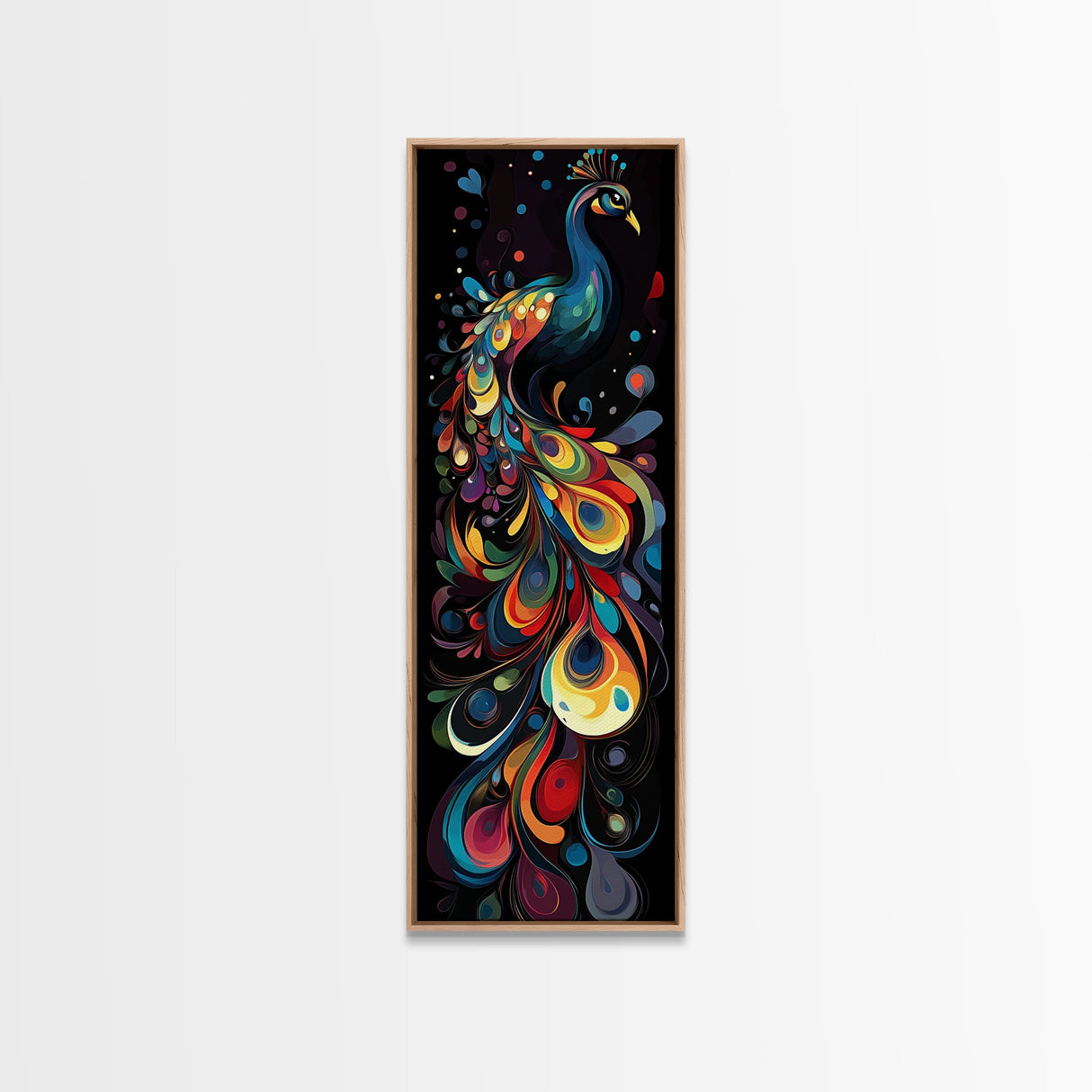 Dynamic Peacock Framed Canvas Print with Swirling Colors, Vibrant Bird Art Perfect Vertical Wall Art and Boho Home Decor Accent
