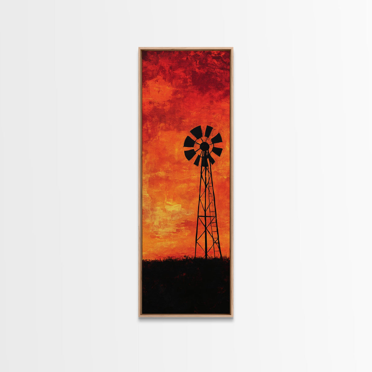 Rustic Windmill Framed Canvas Print, Southwest Farmhouse Decor, Moody Sunset Landscape Wall Art, Vertical Artwork for Bedroom
