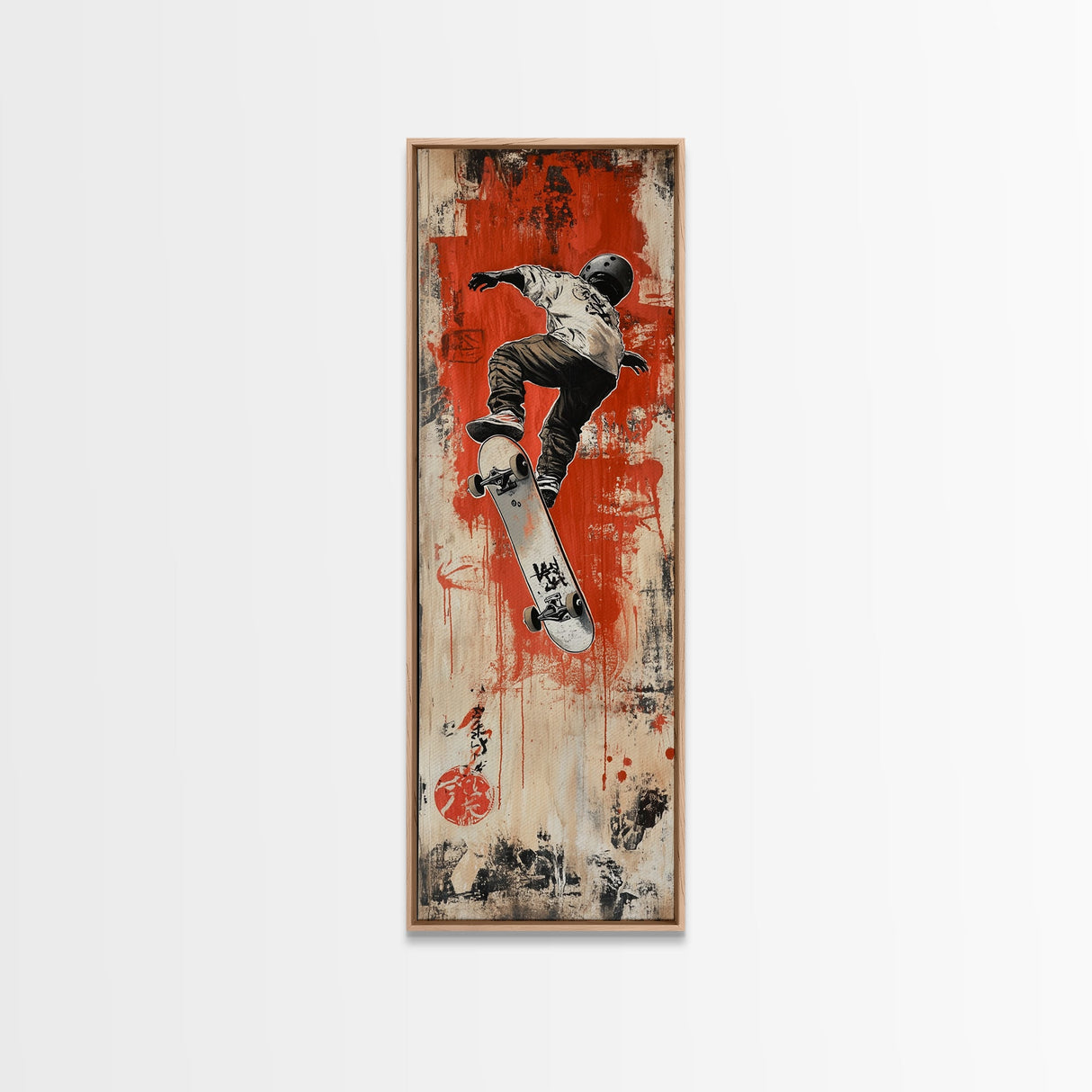 Skateboarder Canvas Print, Red and Black Urban Wall Art, Graffiti Inspired Vertical Artwork, Gift Idea for Living Room or Teen Bedroom