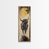 Modern Bull Artwork Framed Canvas Print, Rustic Animal Wall Art, Farmhouse Decor, Vertical Skinny Art, Pine Tree Moonlight Scene