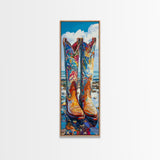 Vibrant Western Boots Framed Canvas Print, Coastal Cowgirl Artwork, Farmhouse Rustic Decor, Bright Living Room Vertical Art