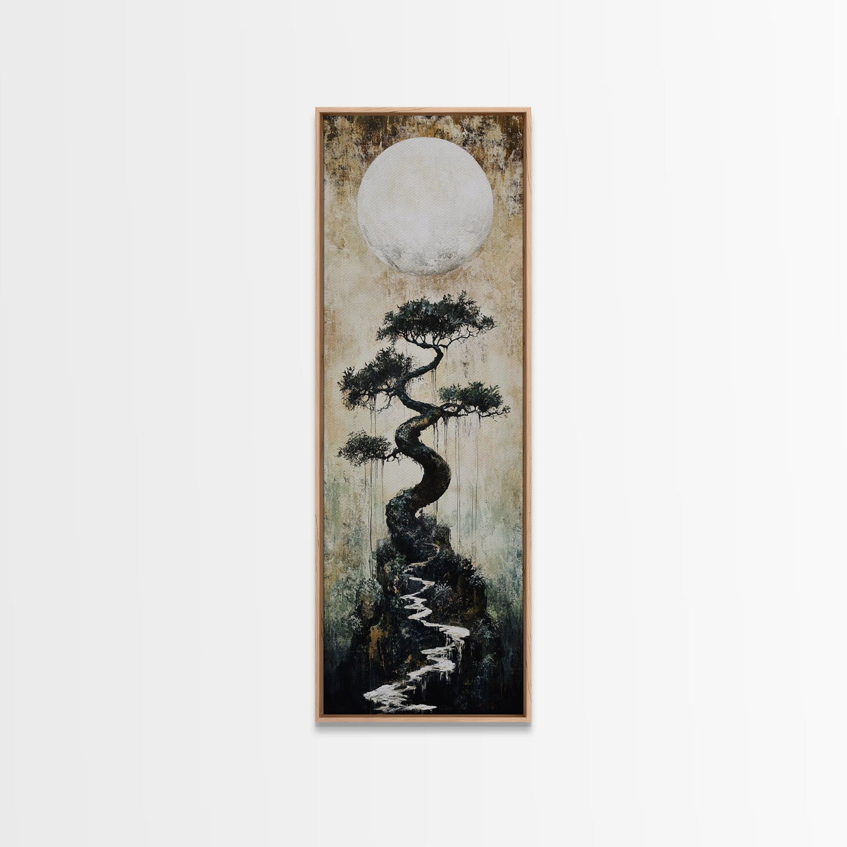 Mystical Moon and Bonsai Canvas Print Zen Wall Art Serene Wabi Sabi Decor Minimalist Nature Artwork Vertical Framed Artwork