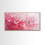 Origami Crane Flight Framed Canvas Print Featuring Pink Wall Art Whimsical Art Long Narrow Wall Art Minimalist Rustic Living Room Decor