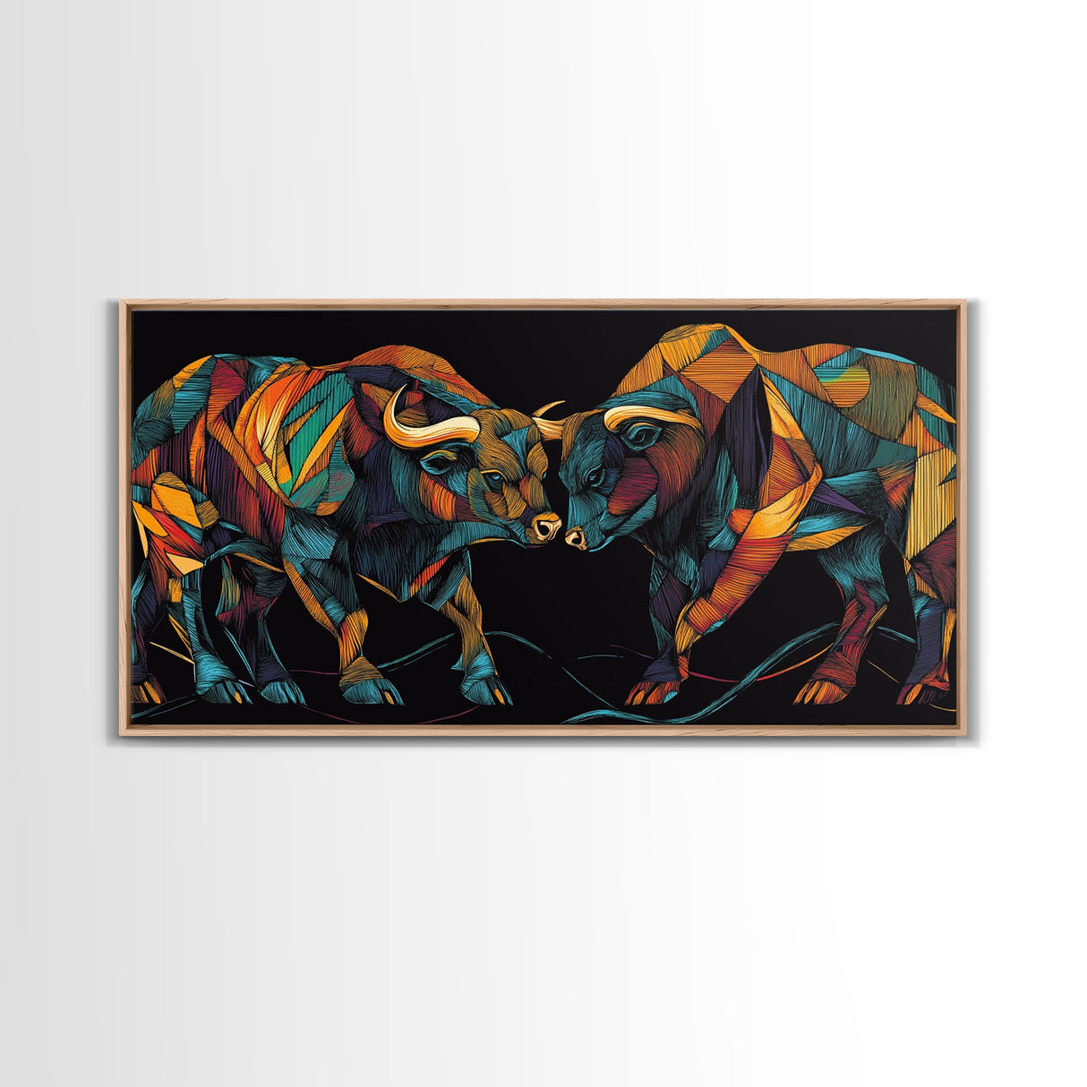 Vibrant Mosaic Bulls Canvas Print Colorful Geometric Wall Art Rustic Decor Living Room Art Tall Narrow Art Bull and Bear Art