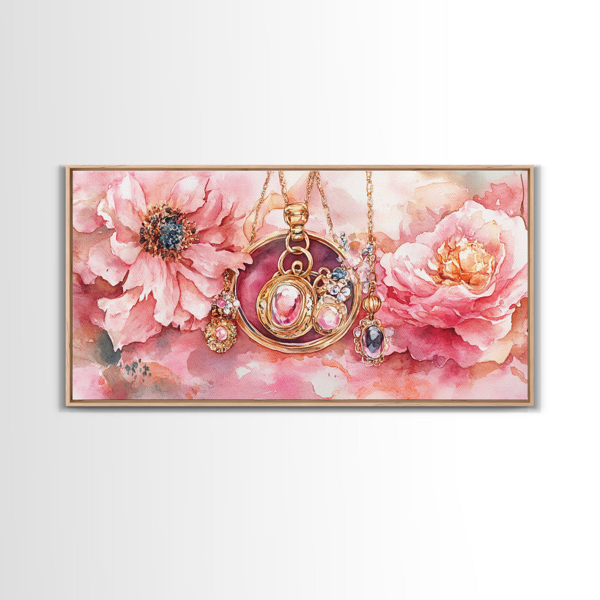 Pink Gemstone Jewelry Canvas Print, Feminine Elegant Artwork, Glamorous Rose Painting, Living Room Wall Art, Unique Decorative Gift