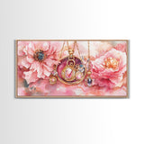 Pink Gemstone Jewelry Canvas Print, Feminine Elegant Artwork, Glamorous Rose Painting, Living Room Wall Art, Unique Decorative Gift