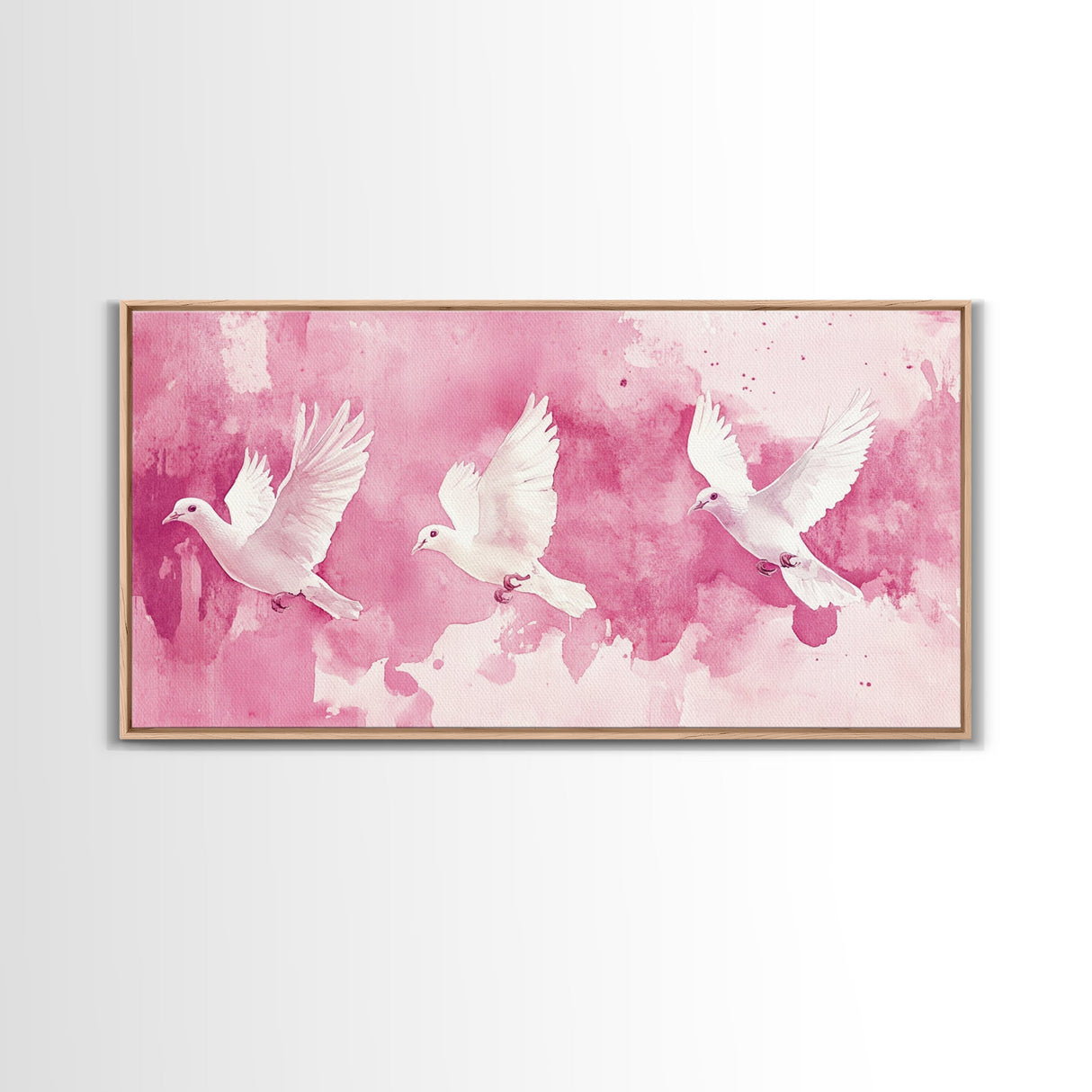 White Dove Flight Canvas Print | Angel Art Prints | Light Pink Wall Art | Minimalist Bird Art | Whimsical Living Room Decor Wall Art