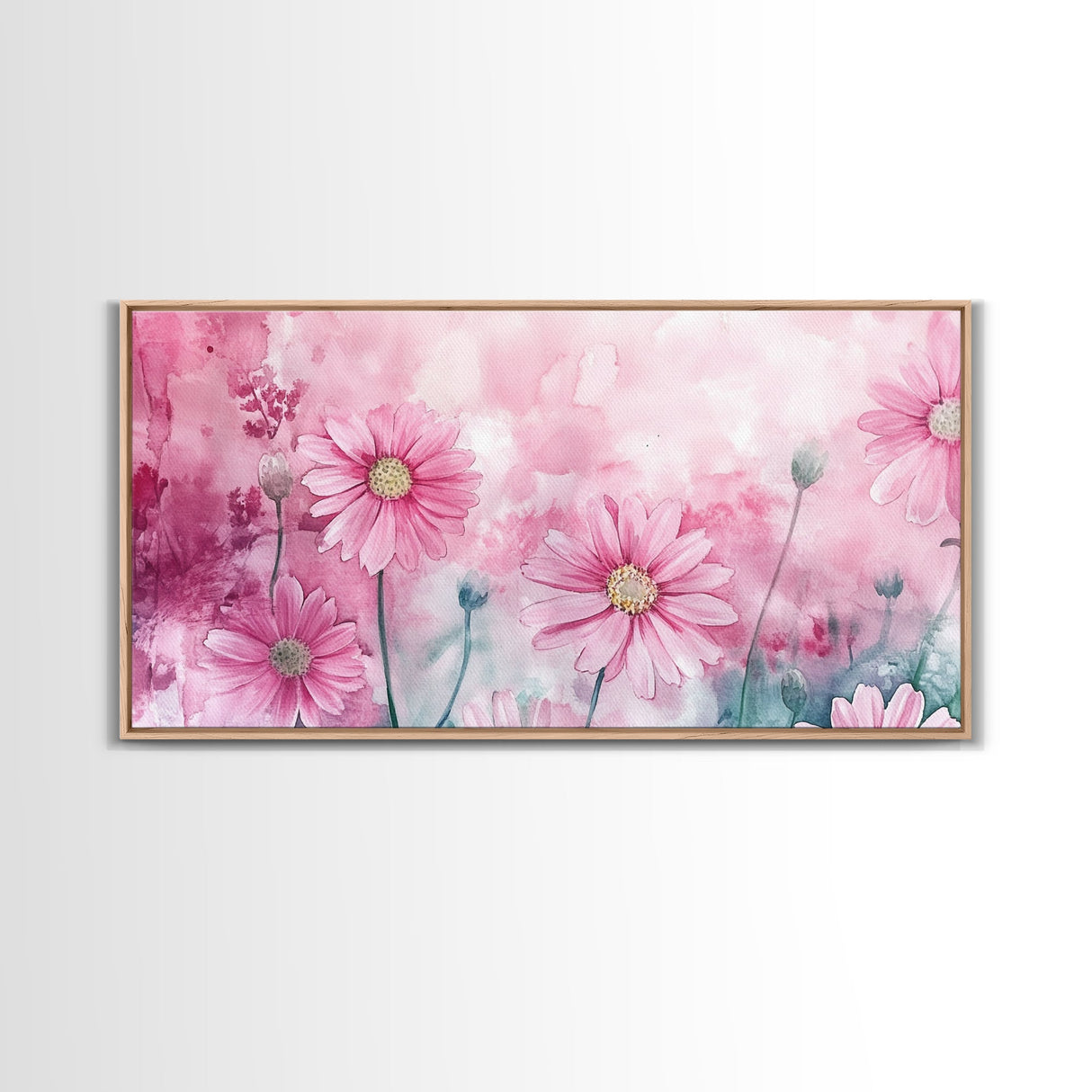 Wildflower Painting Canvas Print, Vibrant Daisy Wall Art with Light Pink Abstract Background, Whimsical Art for Bedroom Decor