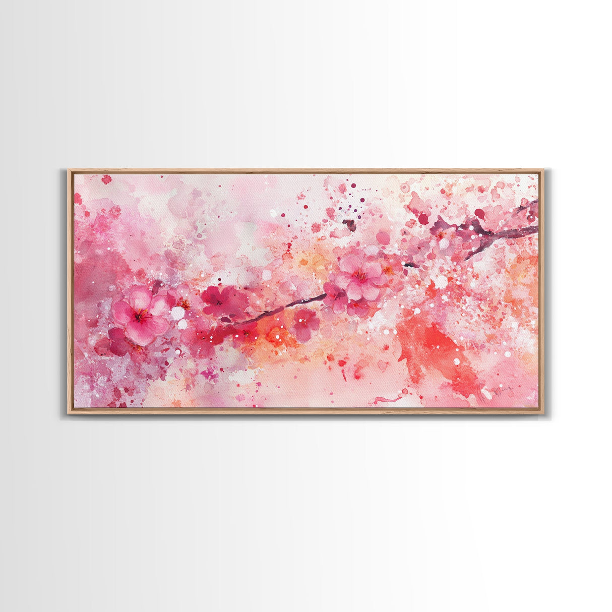 Vibrant Cherry Blossom Canvas Print | Pink Orange Wall Art | Spring Inspired Artwork | Living Room Above Sofa Decor | Horizontal Art