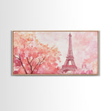 Eiffel Tower Cherry Blossom Canvas Print - Light Pink Wall Art Paris Landscape Romantic Living Room Art Bedroom Rustic Decor