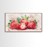 Strawberry Still Life Canvas Print - Bright Red Fruit Rustic Kitchen Art Food Review Artwork Light Pink Wall Art Rustic Decor