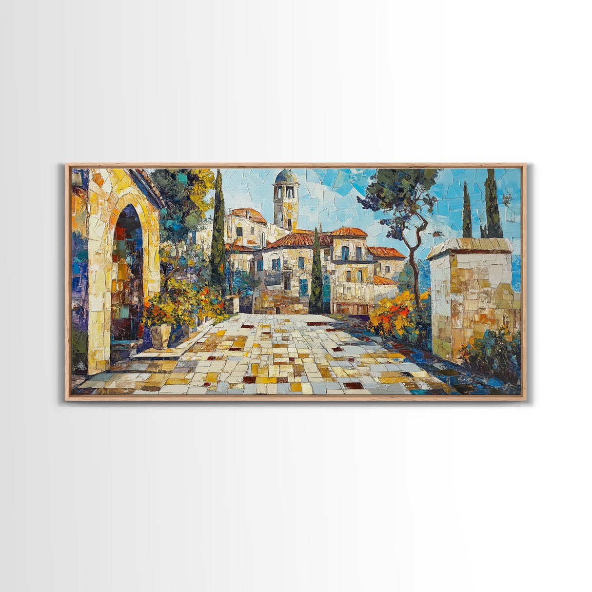 Mediterranean Village Mosaic Framed Canvas Print - Vibrant Coastal Landscape Art - Nautical Decor Living Room Rustic Wall Art