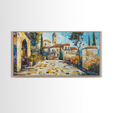 Mediterranean Village Mosaic Framed Canvas Print - Vibrant Coastal Landscape Art - Nautical Decor Living Room Rustic Wall Art