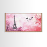 Eiffel Tower and Birds Canvas Print, Parisian Skyline Painting, Romantic Pink Wall Art, Whimsical French Decor, Guest Room Art