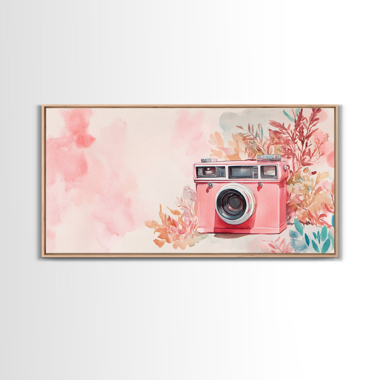Vintage Camera Painting Framed Canvas Print Pink Wall Art Whimsical Art Living Room Art Light Pink Wall Art Unique Gift Idea
