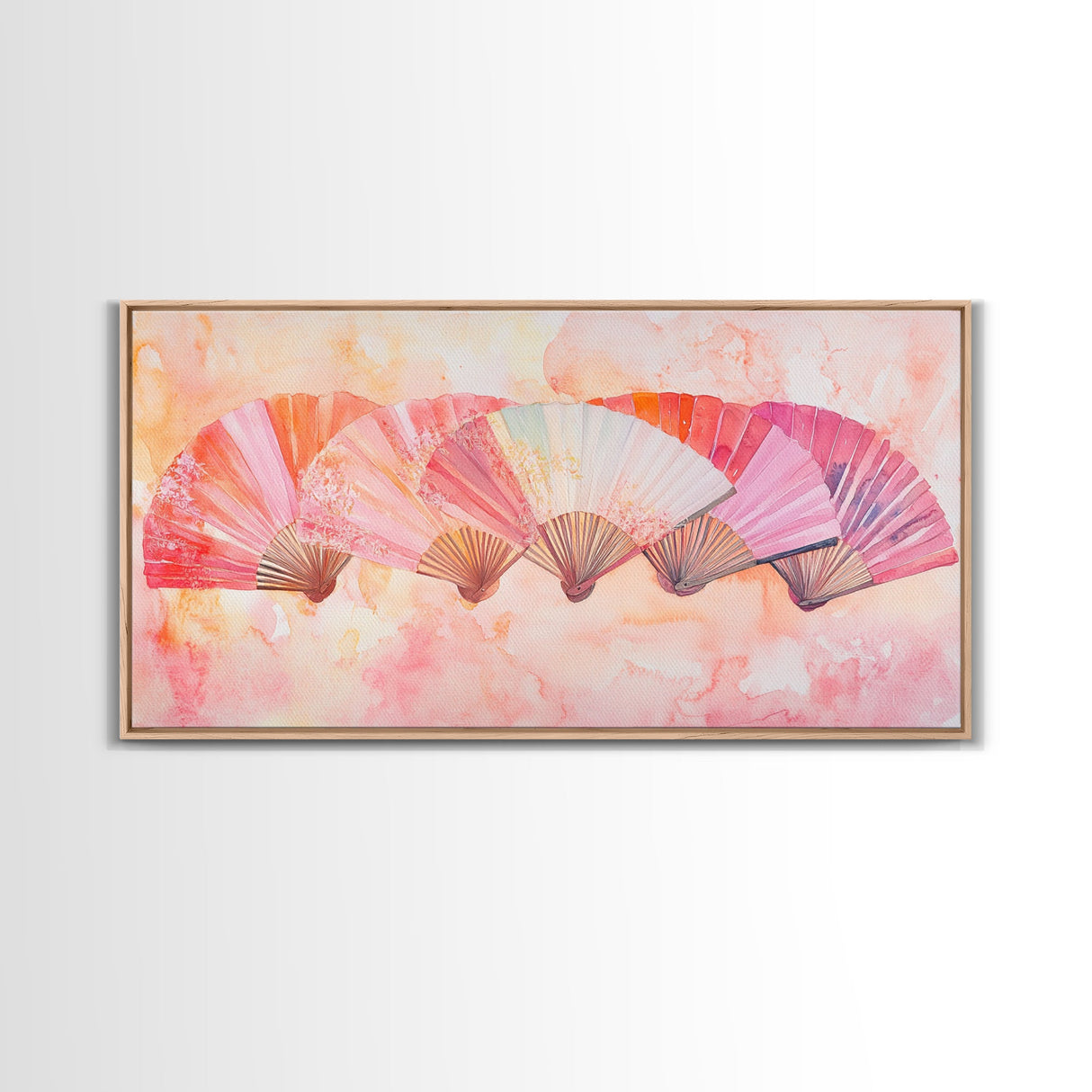 Fan Arrangement Canvas Print | Moroccan Wall Art, Chinoiserie Wall Art, Wabi Sabi Art, Light Pink Decor, Extra Wide Wall Art, Above Sofa Art