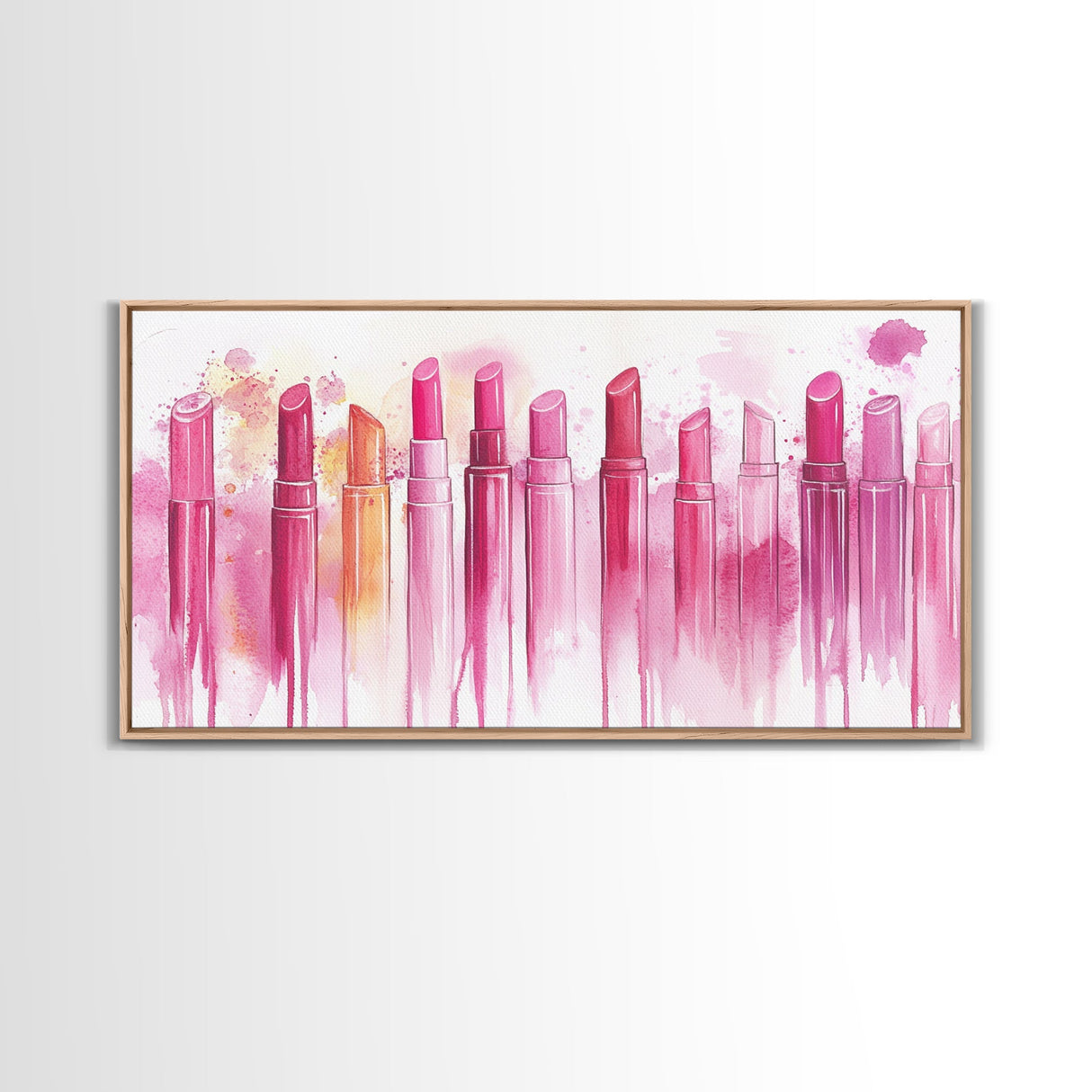 Assorted Lipstick Shades Illustration in Light Pink Wall Art on Canvas Print, Makeup Lover's Room or Vanity Decor Idea