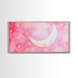 Crescent Moon and Stars Design in Pink Wall Art Style on Framed Canvas Print, Nursery or Bedroom Light Pink Whimsical Art