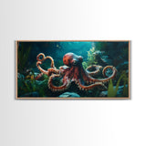 Majestic Octopus Framed Canvas Print, Coastal Decor Wall Art, Marine Wildlife Painting, Ocean Life Nautical Theme, Rustic Home Art