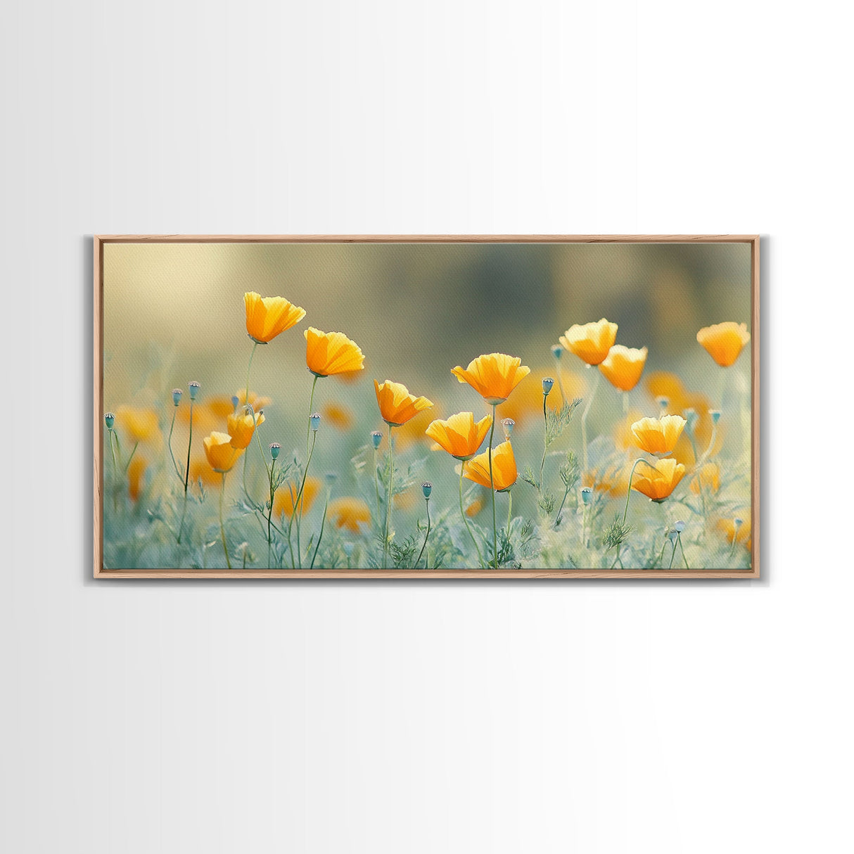 Golden Poppy Floral Canvas Print California Wildflower Art Botanical Wall Decor Rustic Style Extra Wide Horizontal Landscape Art