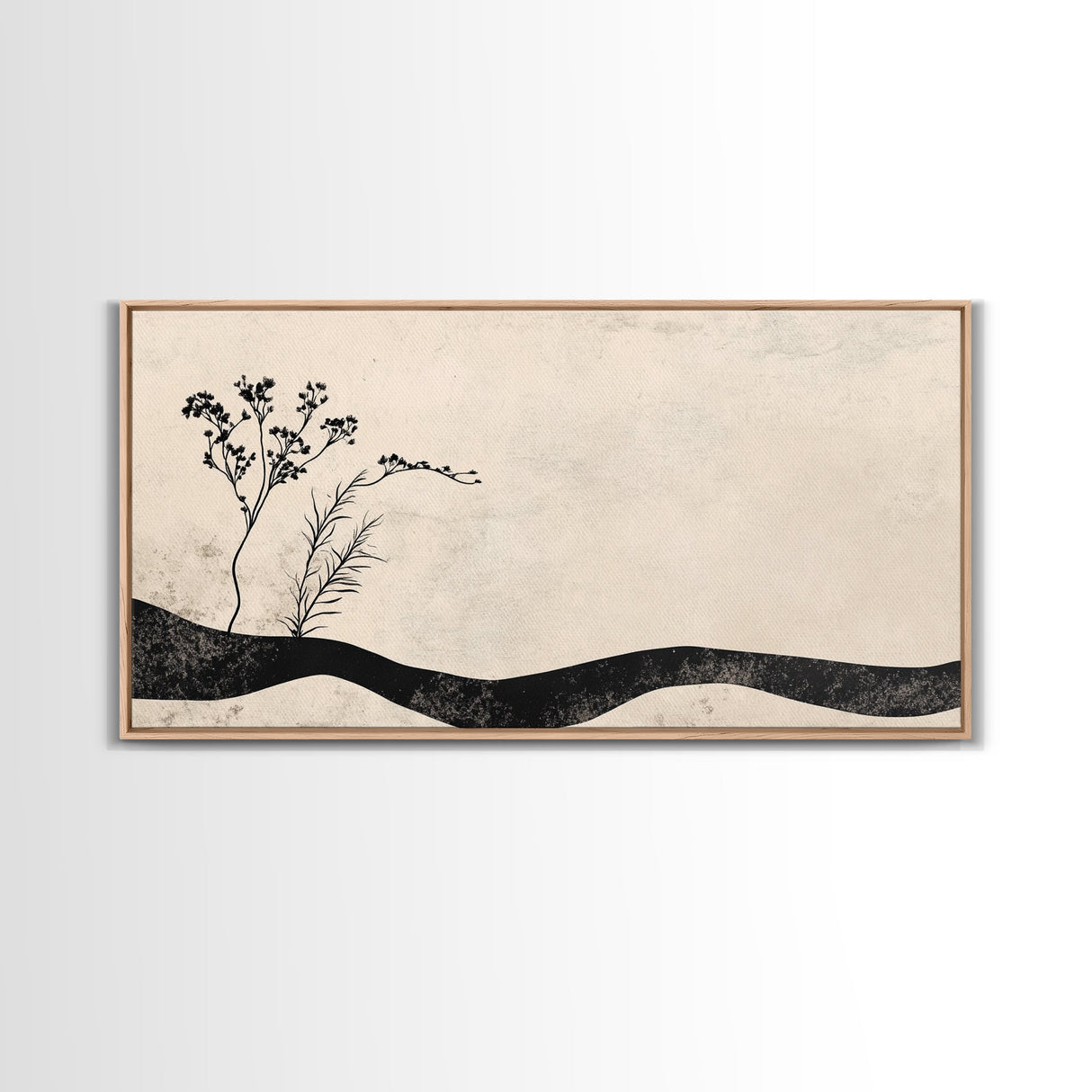 Minimalist Nature Framed Canvas Print, Wabi Sabi Wall Art Above Sofa Decor, Rustic Botanical Artwork Idea Horizontal Bedroom Decor