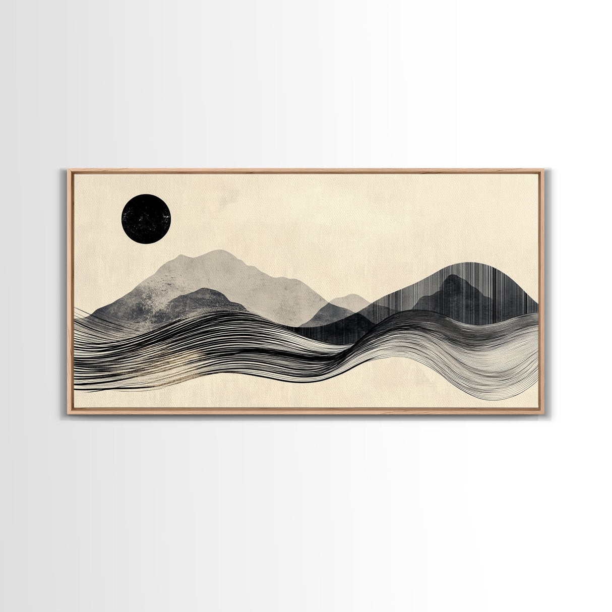 Abstract Mountain Landscape Framed Canvas Print, Wabi Sabi Wall Art Minimalist Decor, Rustic Line Art Idea Bedroom Artwork Vertical Design