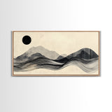 Abstract Mountain Landscape Framed Canvas Print, Wabi Sabi Wall Art Minimalist Decor, Rustic Line Art Idea Bedroom Artwork Vertical Design