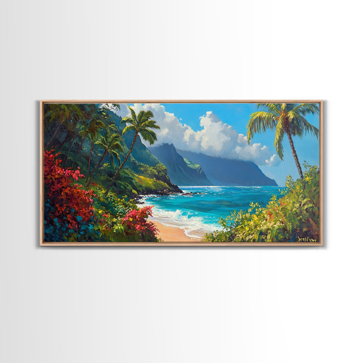 Lush Hawaiian Coast Canvas Print Coastal Painting Nautical Wall Art Panoramic Art Tropical Landscape Art Above Bed Wall Art Gift Idea