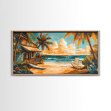 Sunset Surf Shack Canvas Print Nautical Wall Art Coastal Painting Rustic Decor Tropical Landscape Art Extra Wide Art Bedroom Art