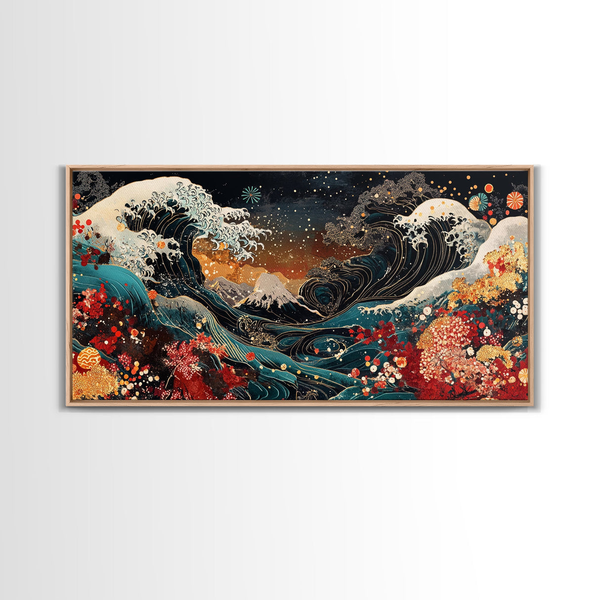 Ocean Waves Framed Canvas Print, Japanese Inspired Coastal Wall Art, Nautical Decor, Coastal Landscape Art, Extra Wide Panoramic Art