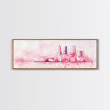 Makeup Art Canvas Print Featuring Lipstick and Nail Polish, Pink Abstract Wall Art for Bedroom or Bathroom Decor, Feminine Gift