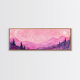 Mountain Landscape Art Framed Canvas Print in Light Pink Hues with Starry Sky, Bedroom or Living Room Artwork, Rustic Decor Painting
