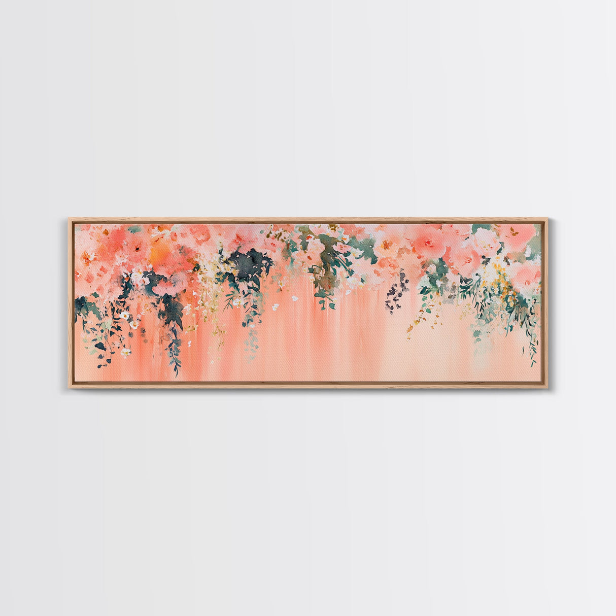 Floral Wildflower Painting Framed Canvas Print, Watercolor Botanical Prints in Peach and Green, Vertical Rustic Farmhouse Wall Art