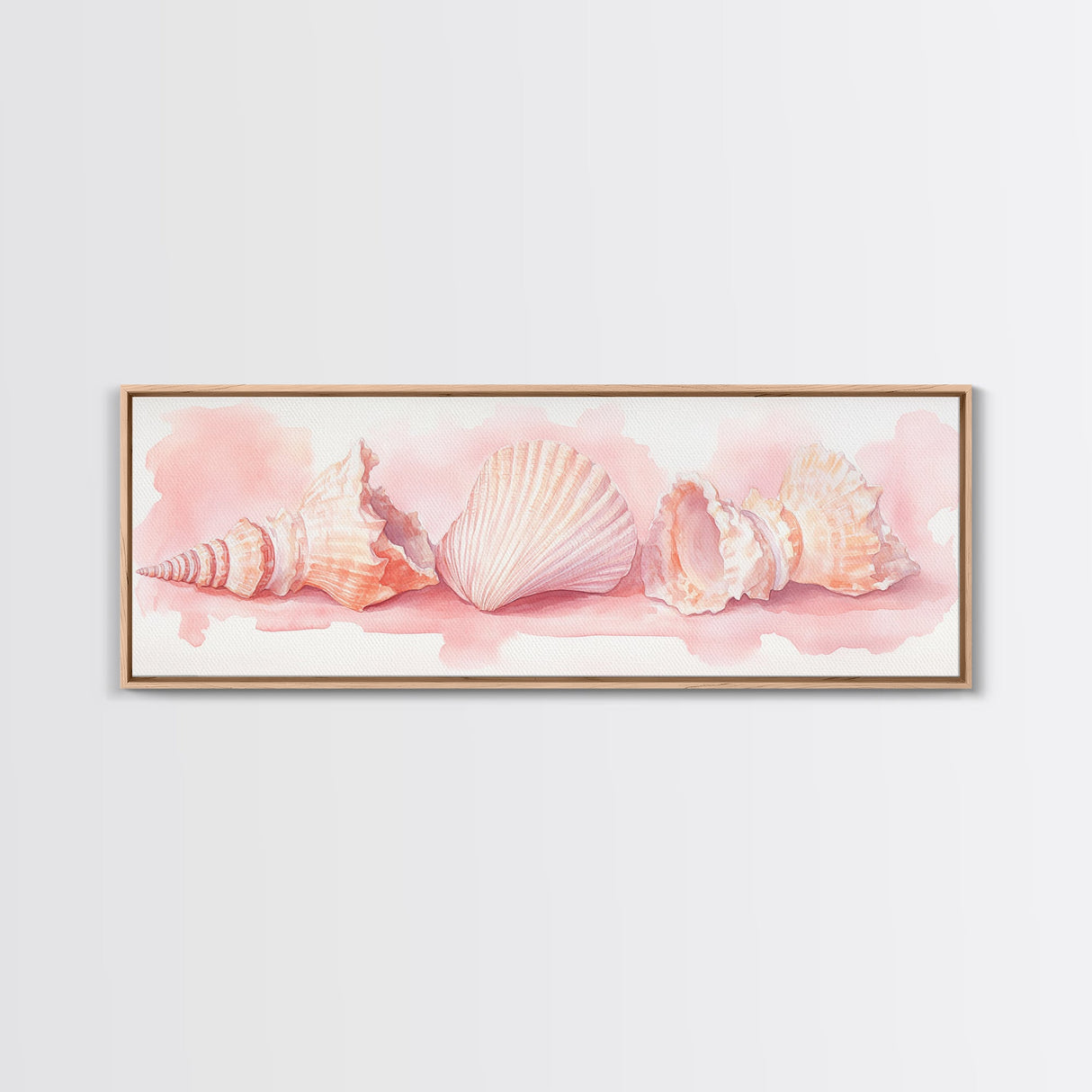 Shell Painting Framed Canvas Print Featuring Coastal Shells in Pastel Pink, Nautical Decor Idea, Horizontal Coastal Artwork