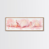 Shell Painting Framed Canvas Print Featuring Coastal Shells in Pastel Pink, Nautical Decor Idea, Horizontal Coastal Artwork