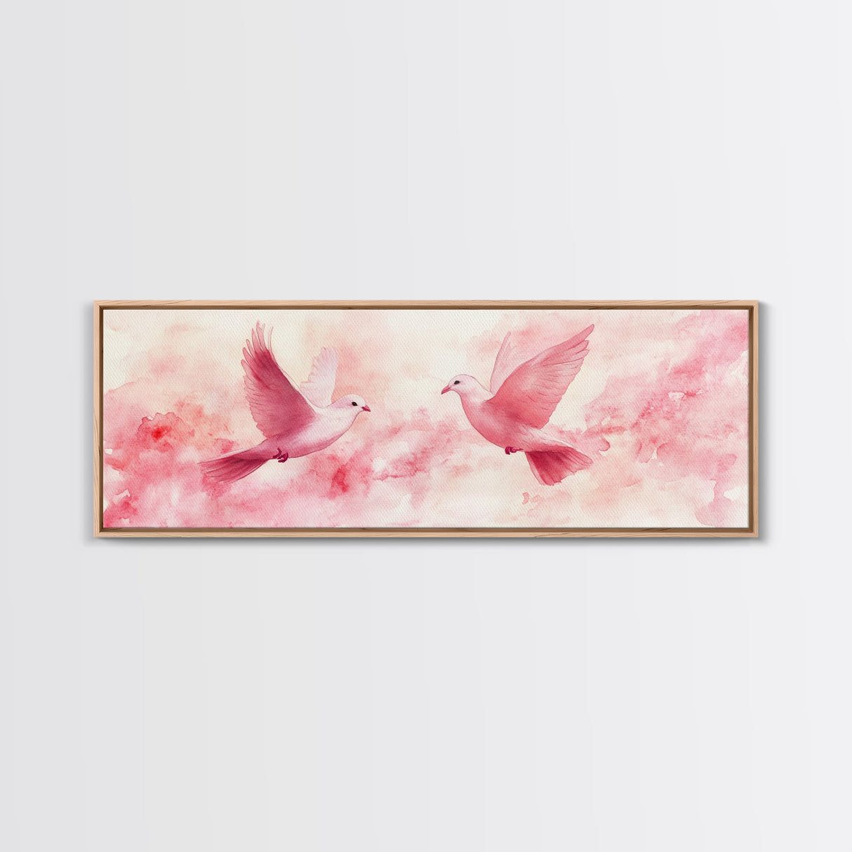 White Doves in Flight Artwork, Framed Canvas Print, Angelic Light Pink Wall Art, Whimsical Bedroom Decor, Feminine Spring Style