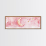 Crescent Moon with Stars Painting, Canvas Print, Light Pink Whimsical Wall Art, Nursery Aesthetic Artwork, Minimalist Cozy Decor